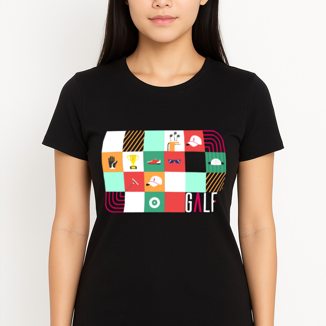 レディース ゴルフモチーフフロントプリントTシャツ ブラック